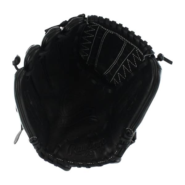 Top-down view of a black baseball glove with white stitching and Rawlings branding.