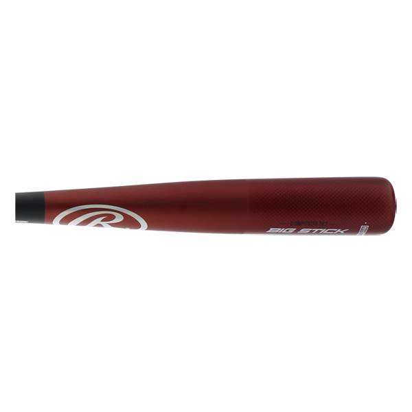 Side view of a maroon baseball bat with a white Rawlings logo and BIG STICK text.