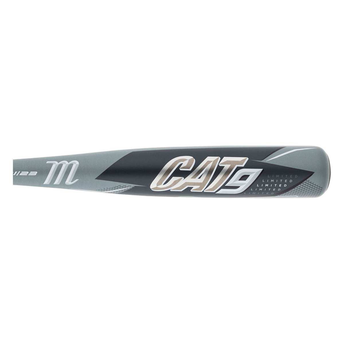Side view of a gray baseball bat with a black and silver CAT9 logo and m branding.