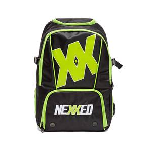 Front view of a black backpack with lime green accents, a large lime green XX logo, and NEXXED text.