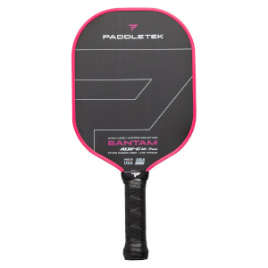 Front view of a black Paddletek Bantam ALW-C 12.7 pickleball paddle with a pink edge guard and black textured grip.