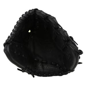 Top-down view of a black baseball glove with braided edges and visible Akadema branding.