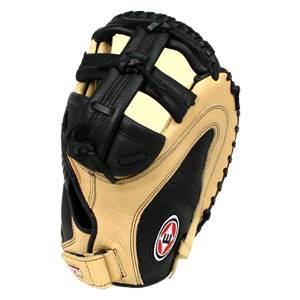 Side view of a tan and black fastpitch catchers mitt with a woven web and Easton logo.