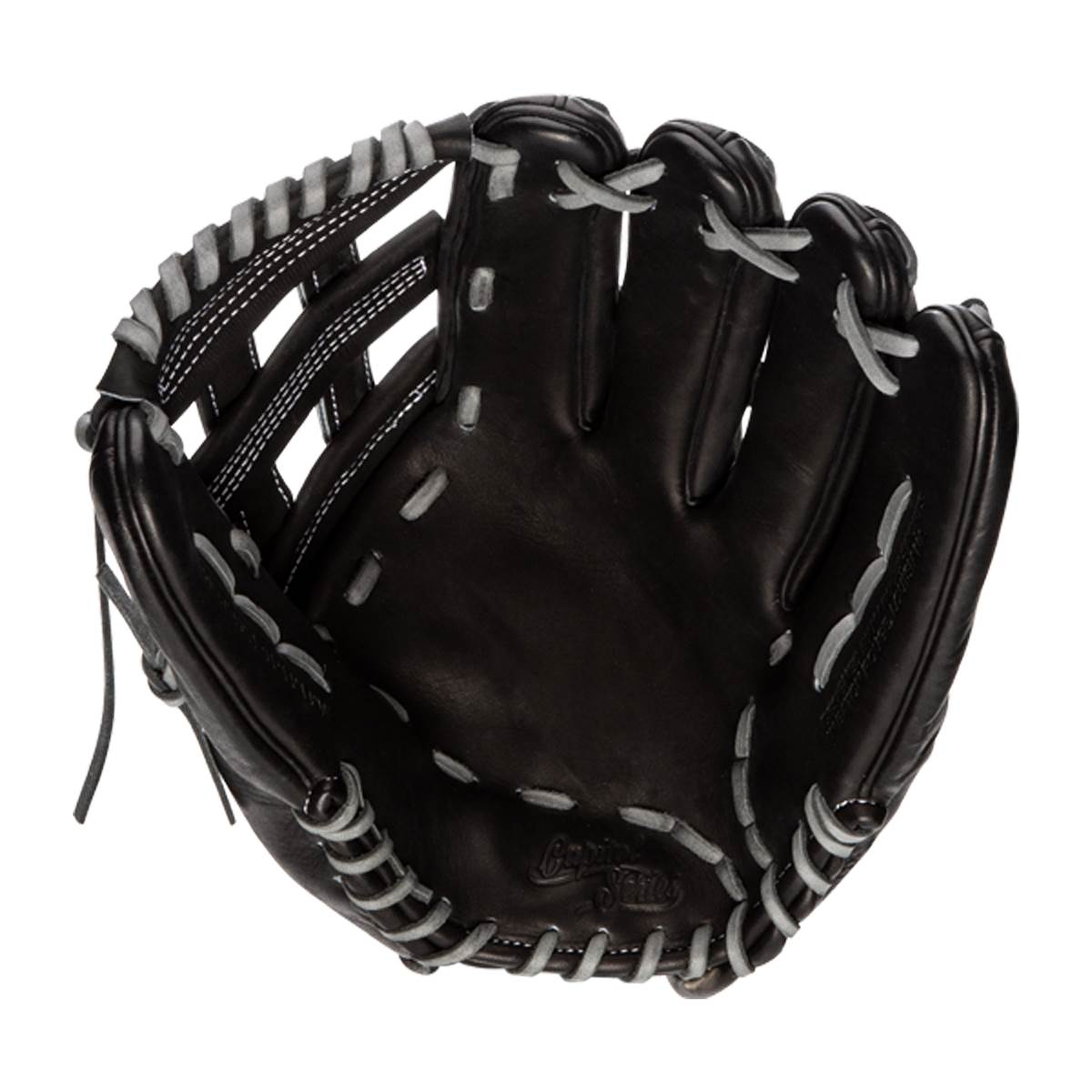 Top-down view of a black baseball glove with white stitching and Capitol Series embossed on the palm.