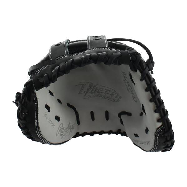 Inside view of a black and white catchers mitt with Liberty Advanced and Rawlings logos.
