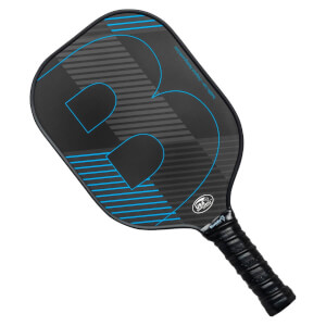 Top-down view of a black pickleball paddle with blue accents and a large B graphic.