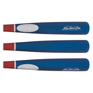 Side view of blue baseball bats with red ends and white oval logos.