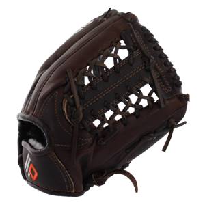Side view of a brown leather baseball glove with intricate lacing and an orange logo.