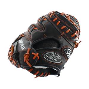 Top-down view of a black Louisville Slugger baseball glove with orange stitching and a white logo.