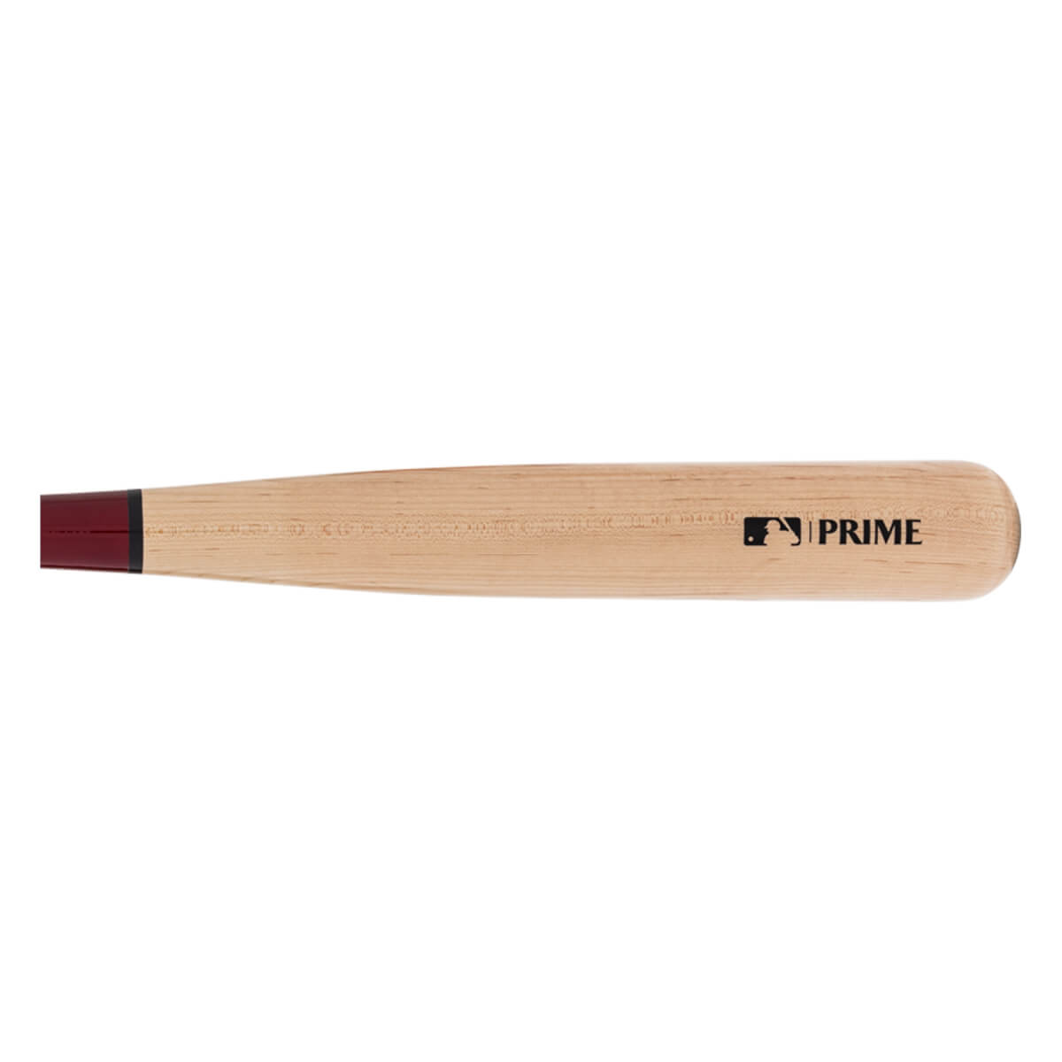 Side view of a natural maple wood baseball bat with a dark red handle knob and MLB PRIME logo.