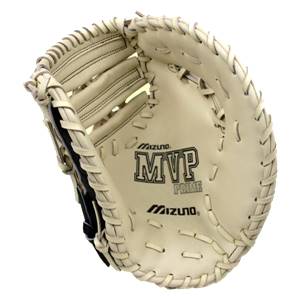 Top-down view of a cream Mizuno MVP Prime first base mitt with black accents and visible Mizuno branding.