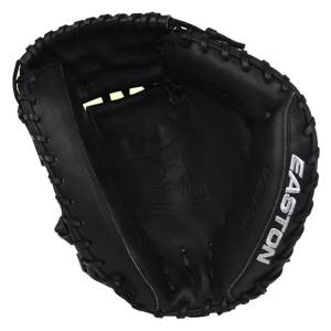 Interior view of a black catchers mitt with embossed PREMIER logo and white EASTON text.