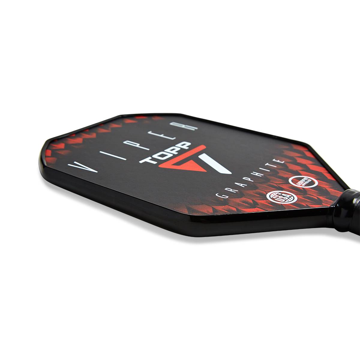 Side view of a black pickleball paddle with red geometric accents, VIPER and TOPP branding, and GRAPHITE text.