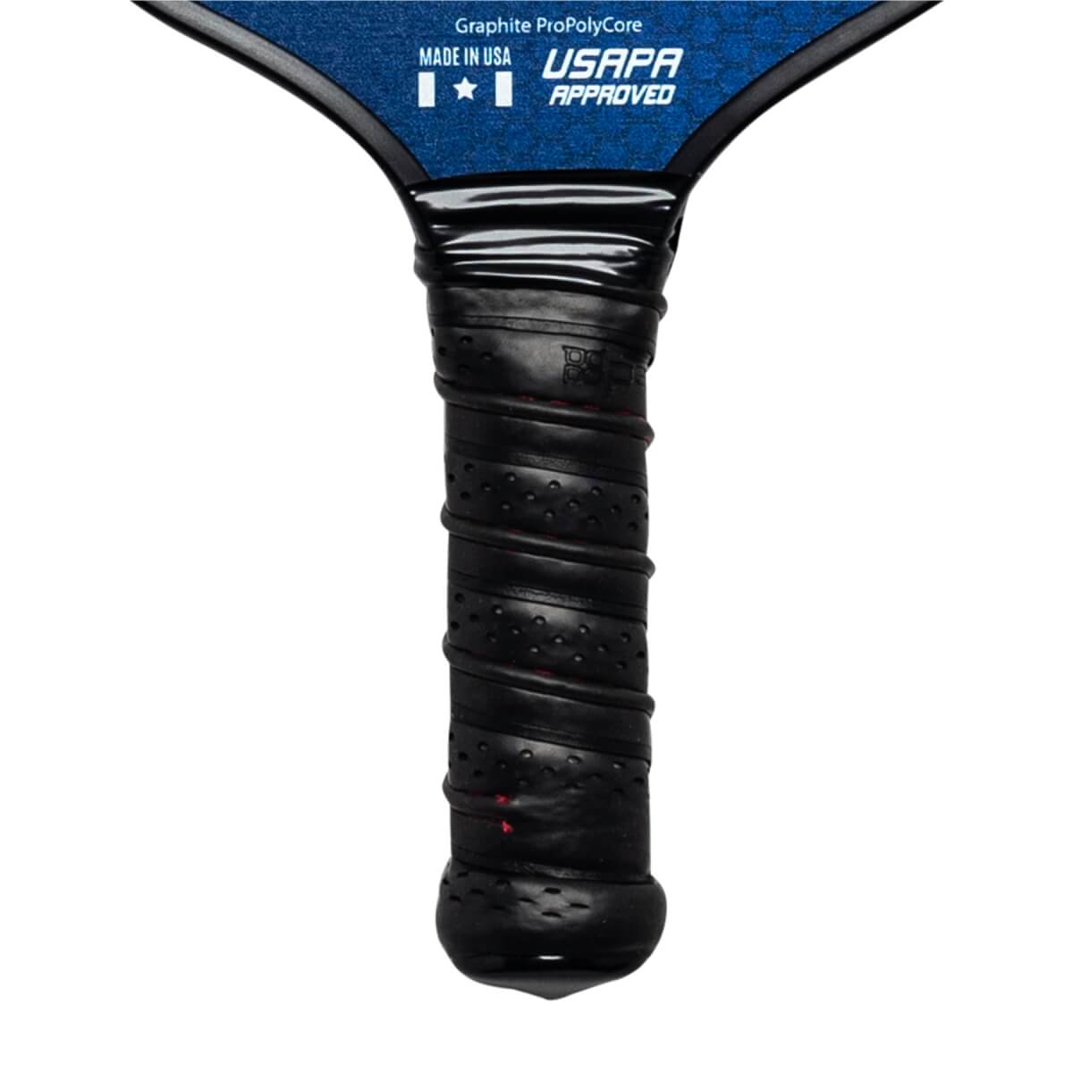 Close-up of a black pickleball paddle grip with USAPA APPROVED text and Graphite ProPolyCore label.