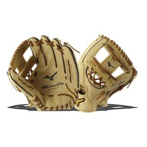 Front view of a tan baseball glove with Mizuno Pro branding and US Kip Leather text.
