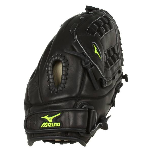 Side view of a black Mizuno MVP Prime Fastpitch Series glove with a lime green logo and lacing detail.