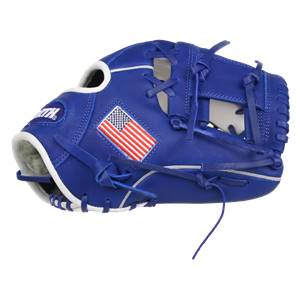 Side view of a royal blue baseball glove with an American flag patch and white trim.