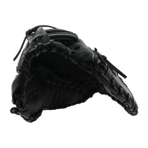 Top-down view of a black first base mitt with braided lacing and a deep pocket.