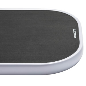 Corner view of a black pickleball paddle with white trim and ELECTRUM text.