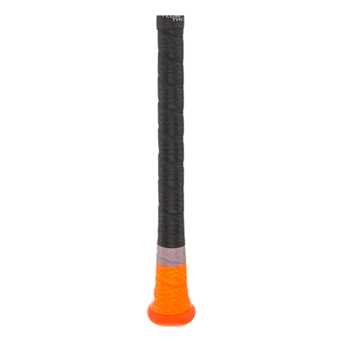 Close-up of a black baseball bat grip with orange end cap and FLOW TAC text.