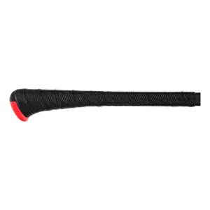 Side view of a black baseball bat with a red end cap and textured grip.