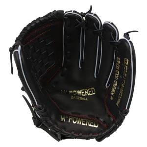 Top-down view of a black baseball glove with gold M^POWERED BASEBALL and M^POWERED GOLD SERIES PROFESSIONALLY SPECIFIED text.