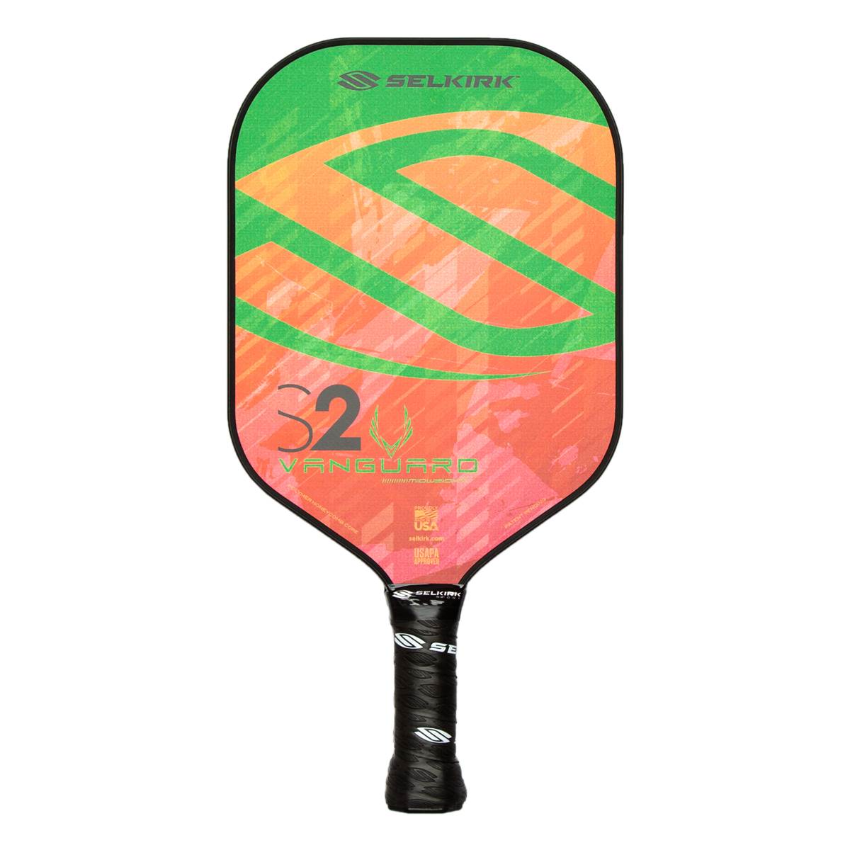 Front view of a Selkirk VANGUARD Hybrid S2 pickleball paddle with a green and orange abstract design, S2 logo, and black grip.