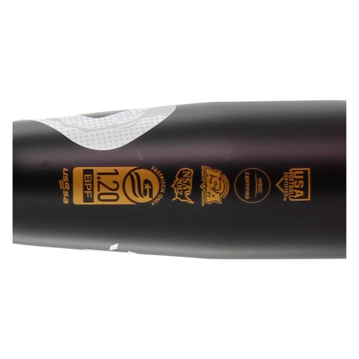 Side view of a black fastpitch softball bat with USSSA, 1.20 BPF, and USA Softball certifications.