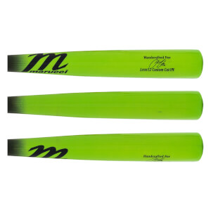 Side view of three lime green baseball bats with black handles, Marucci logo, and LINDY12 Custom Cut-YM text.