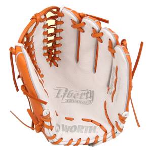 Front view of an orange and white baseball glove with Liberty Advanced and WORTH branding.