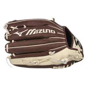 Side view of a brown baseball glove with white stitching and Mizuno branding.