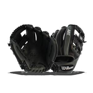 Front view of a black Wilson A2K glove with A2K branding and a stitched Wilson logo.