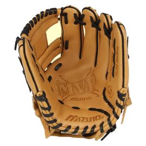 Top-down view of a tan baseball glove with black lacing, MVP logo, and Mizuno branding.