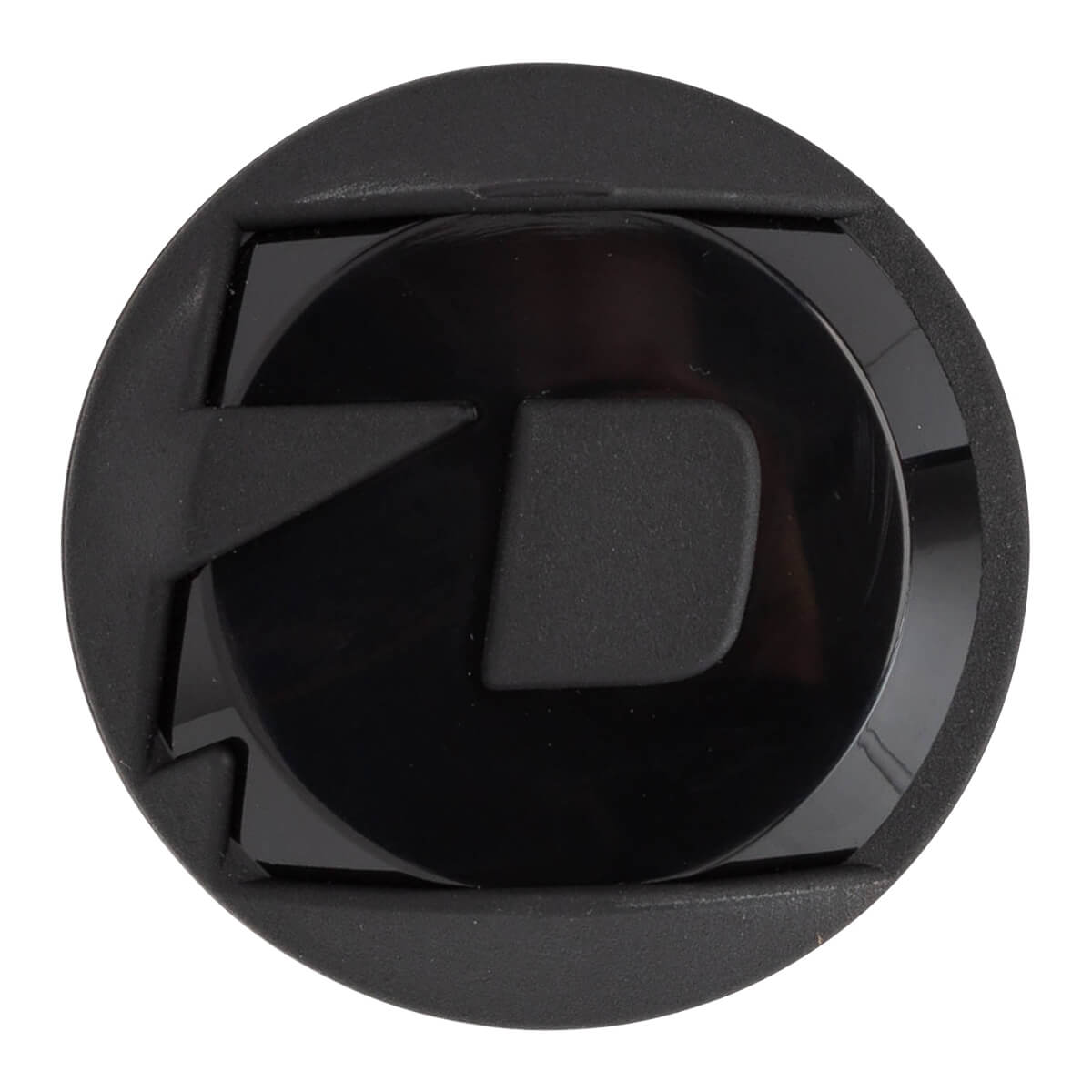 Top-down view of a black softball bat end cap with a raised D logo and textured outer ring.