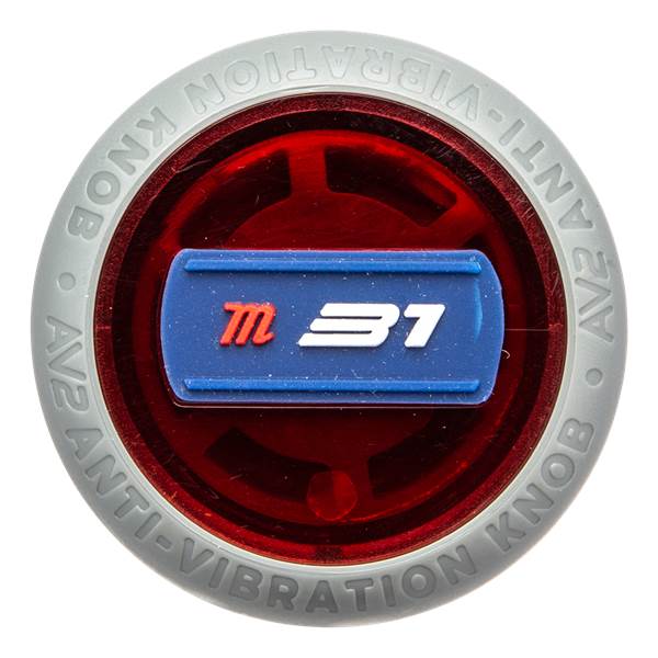 Top-down close-up of a red and gray bat end cap with AV2 ANTI-VIBRATION KNOB text and a blue insert featuring m 31.