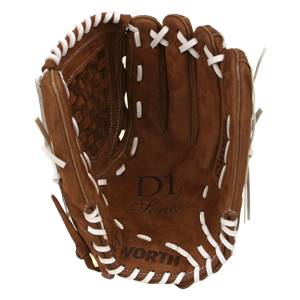 Top-down view of a brown baseball glove with white lacing and D1 Series and WORTH branding.