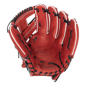 Palm view of a red baseball glove with black lacing and white trim, showing A2K and Wilson branding.