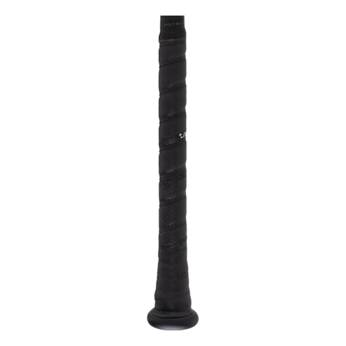 Close-up of a black baseball bat handle with a textured spiral-wrapped grip and a knob at the base.