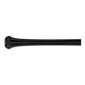 Side view of a glossy black baseball bat showing the knob, tapered handle, and part of the barrel.