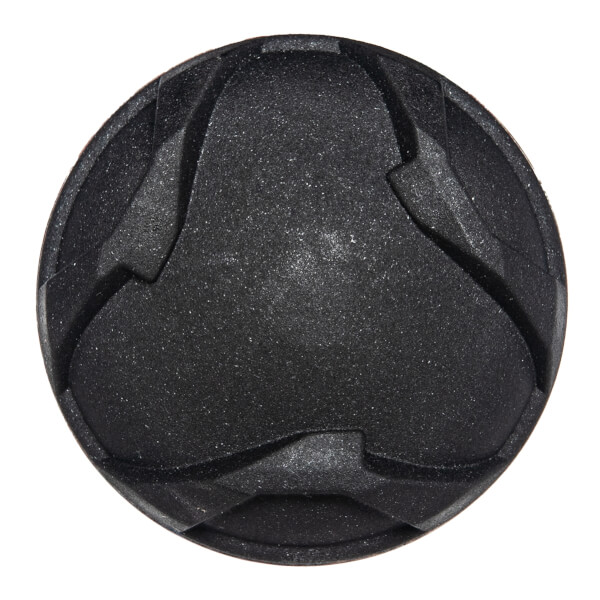 Top-down view of a black baseball bat end cap with a three-pronged, textured design.