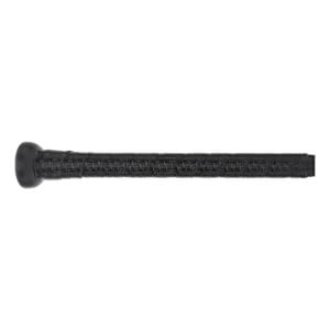 Close-up view of the black bat handle featuring a textured, cross-hatched grip and a rounded black knob at the end.