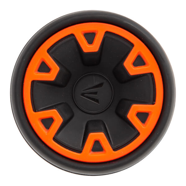 End cap view of a black baseball bat with orange geometric accents and an Easton logo.