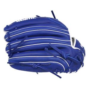 Front view of a royal blue baseball glove with white stitching and WORTH logo.