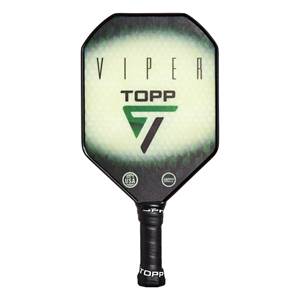 Front view of a white and black pickleball paddle with VIPER and TOPP text, a green triangle logo, and USA and USAPlay seals.