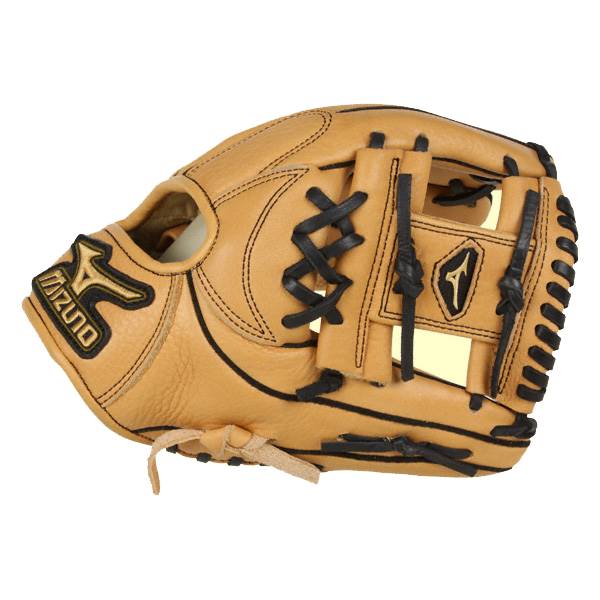 Side view of a tan baseball glove with black lacing and a Mizuno logo.