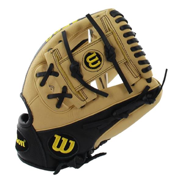 Side view of a tan and black Wilson baseball glove with yellow Wilson logos and black lacing.