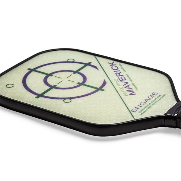 Corner view of a light green pickleball paddle with a purple and green target design and Maverick Elite Pro text.