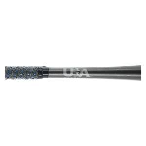 Side view of a gray baseball bat with a blue diamond grip and USA text.
