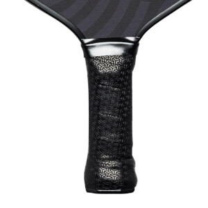 Close-up of a black pickleball paddle grip with a textured pattern and silver neck.