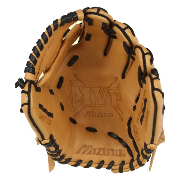 Top-down view of a tan baseball glove with black lacing and MVP and Mizuno logos.